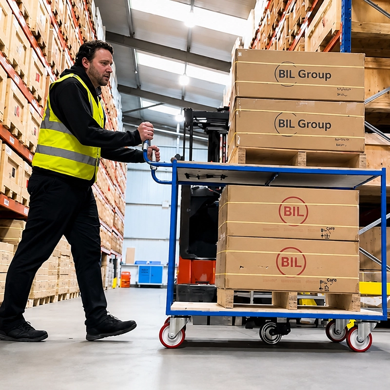 Heavy warehouse trolley is easy to move thanks to the esense electric drive wheel